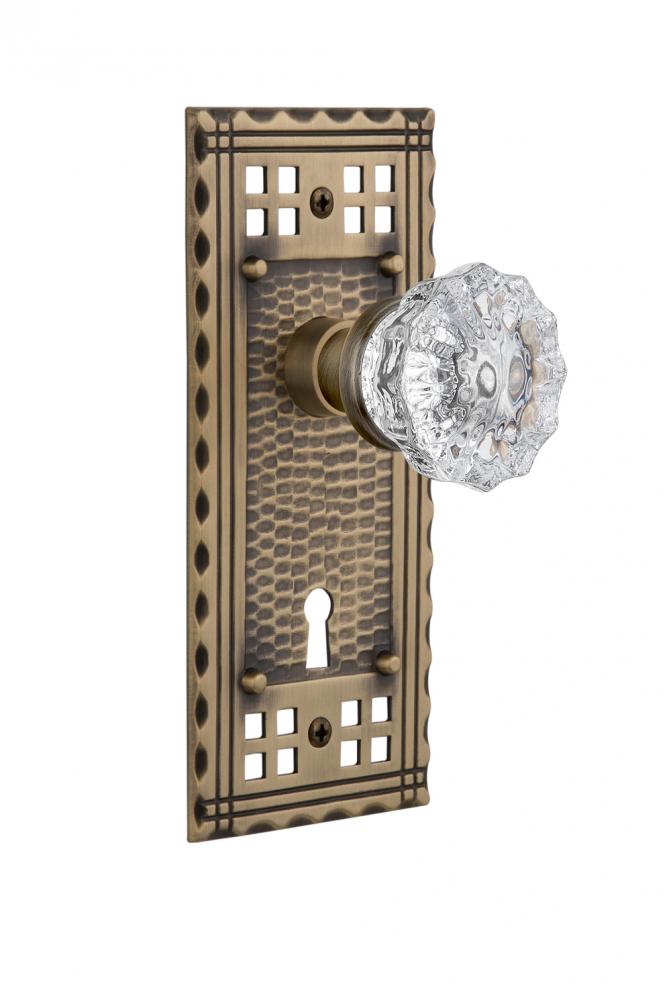 Nostalgic Warehouse Craftsman Plate with Keyhole Privacy Crystal Glass Door Knob in Antique Brass