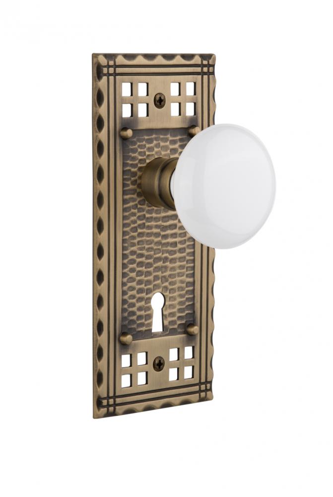 Nostalgic Warehouse Craftsman Plate with Keyhole Privacy White Porcelain Door Knob in Antique Bras