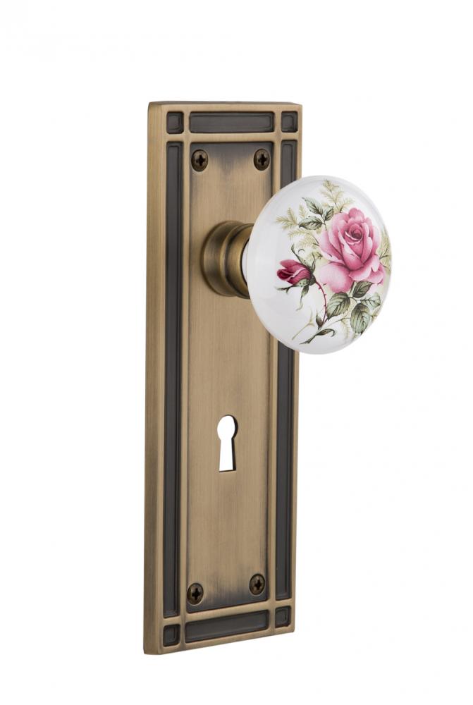 Nostalgic Warehouse Mission Plate with Keyhole Passage White Rose Porcelain Door Knob in Antique B