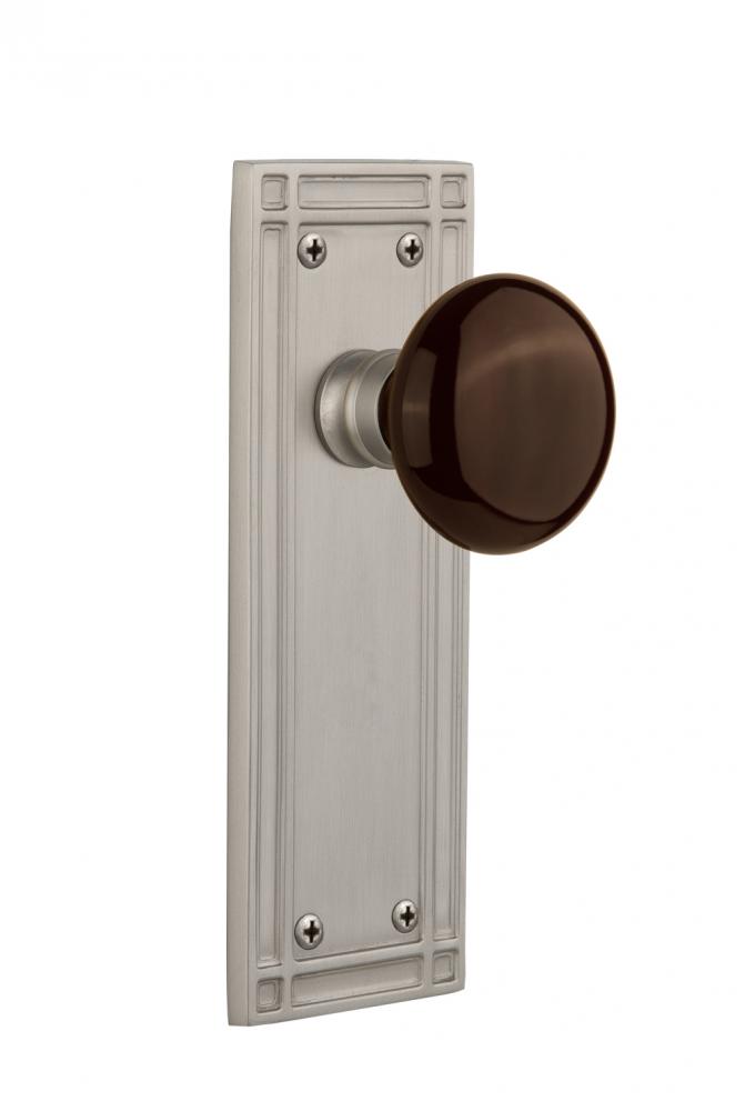 Nostalgic Warehouse Mission Plate Single Dummy Brown Porcelain Door Knob in Satin Nickel