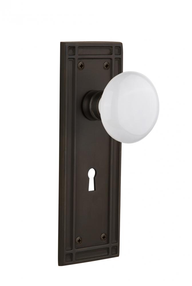 Nostalgic Warehouse Mission Plate with Keyhole Privacy White Porcelain Door Knob in Oil-Rubbed Bro