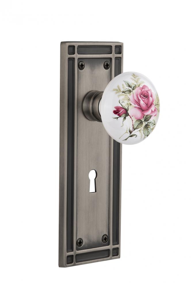 Nostalgic Warehouse Mission Plate with Keyhole Privacy White Rose Porcelain Door Knob in Antique P