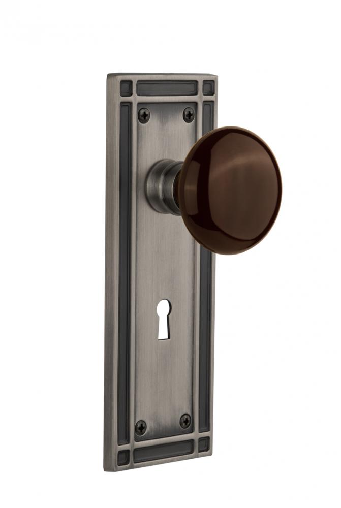 Nostalgic Warehouse Mission Plate Interior Mortise Brown Porcelain Door Knob in Antique Pewter