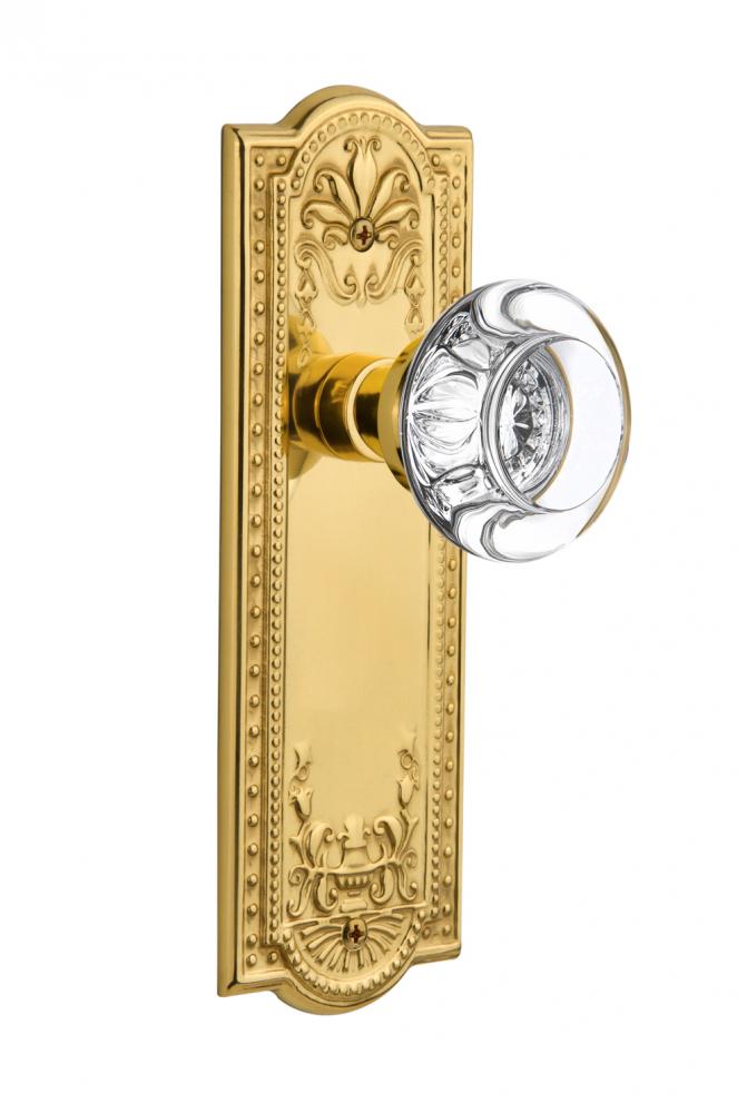 Nostalgic Warehouse Meadows Plate Privacy Round Clear Crystal Glass Door Knob in Polished Brass