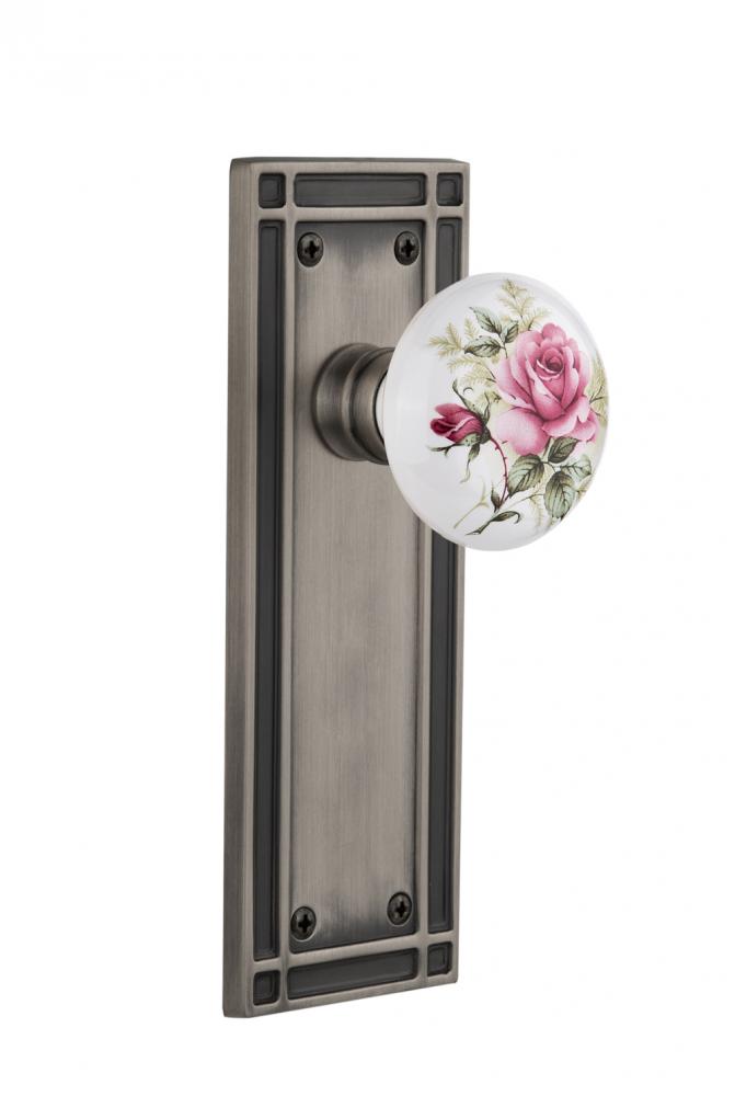 Nostalgic Warehouse Mission Plate Privacy White Rose Porcelain Door Knob in Antique Pewter