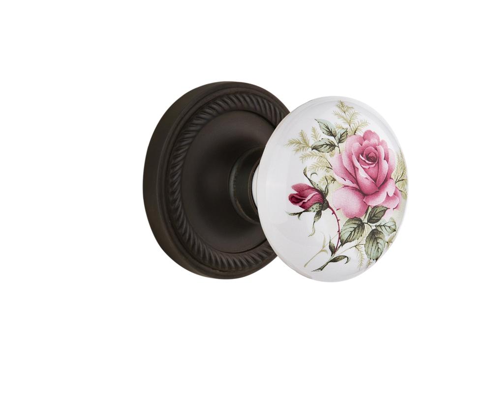 Nostalgic Warehouse Rope Rosette Privacy White Rose Porcelain Door Knob in Oil-Rubbed Bronze