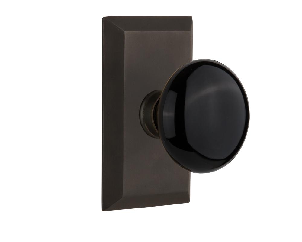 Nostalgic Warehouse Studio Plate Privacy Black Porcelain Door Knob in Oil-Rubbed Bronze