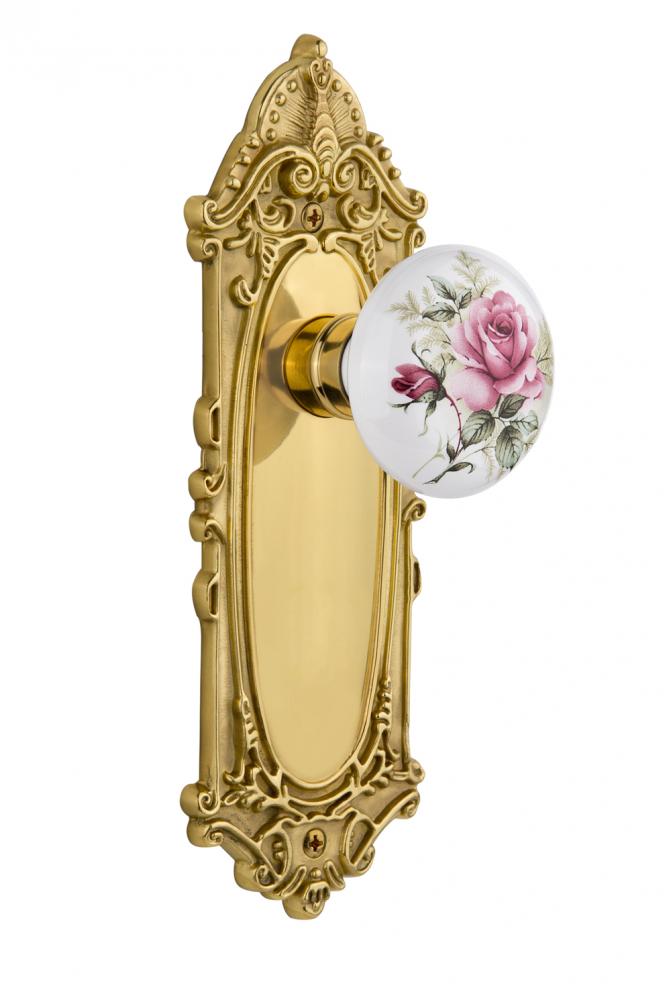 Nostalgic Warehouse Victorian Plate Privacy White Rose Porcelain Door Knob in Unlacquered Brass