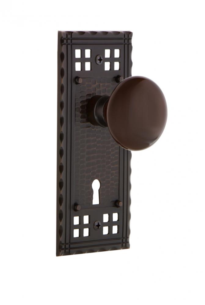 Nostalgic Warehouse Craftsman Plate with Keyhole Privacy Brown Porcelain Door Knob in Timeless Bro