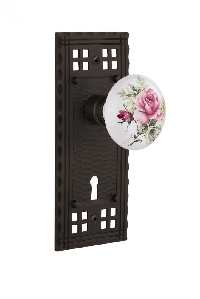 Nostalgic Warehouse Craftsman Plate with Keyhole Privacy White Rose Porcelain Door Knob in Oil-Rub