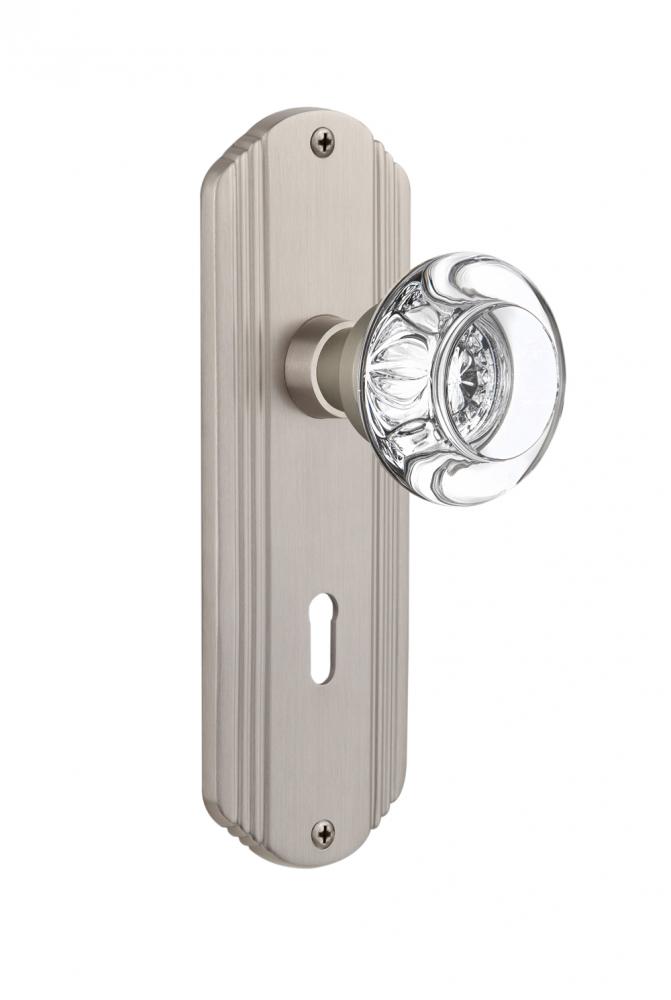 Nostalgic Warehouse Deco Plate with Keyhole Privacy Round Clear Crystal Glass Door Knob in Satin N