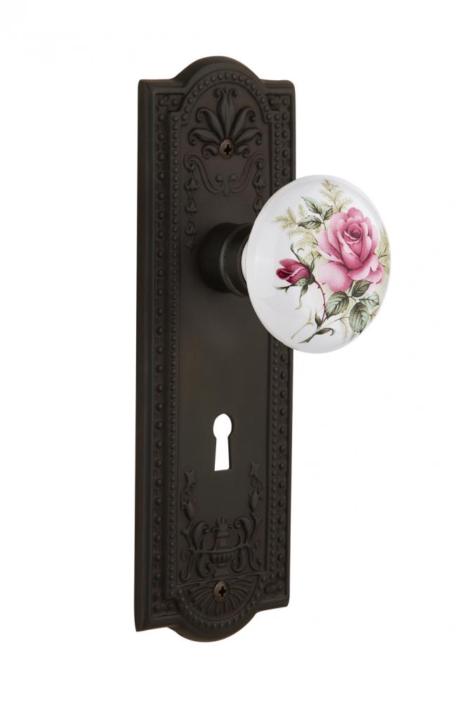 Nostalgic Warehouse Meadows Plate with Keyhole Privacy White Rose Porcelain Door Knob in Oil-Rubbe