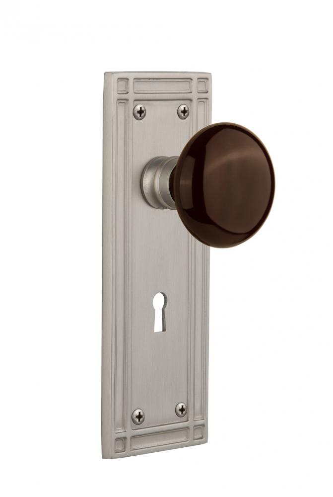 Nostalgic Warehouse Mission Plate with Keyhole Privacy Brown Porcelain Door Knob in Satin Nickel