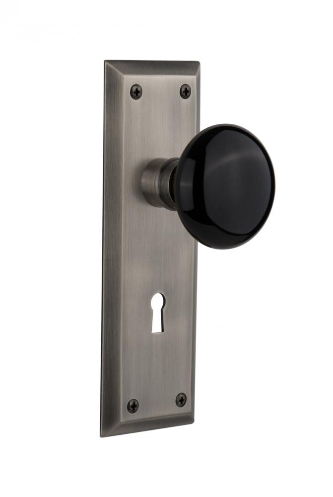 Nostalgic Warehouse New York Plate with Keyhole Privacy Black Porcelain Door Knob in Antique Pewte