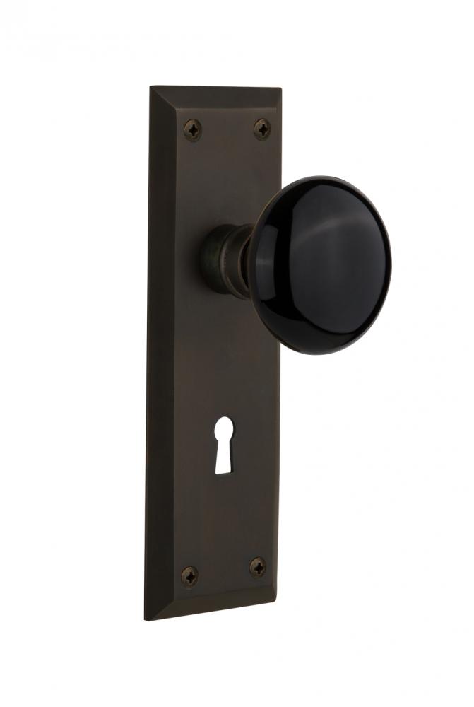 Nostalgic Warehouse New York Plate with Keyhole Privacy Black Porcelain Door Knob in Oil-Rubbed Br