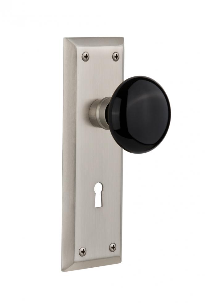 Nostalgic Warehouse New York Plate with Keyhole Privacy Black Porcelain Door Knob in Satin Nickel