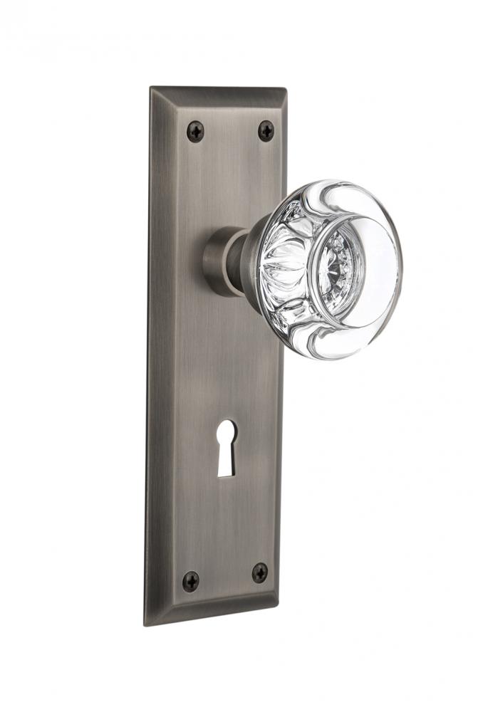 Nostalgic Warehouse New York Plate with Keyhole Privacy Round Clear Crystal Glass Door Knob in Ant