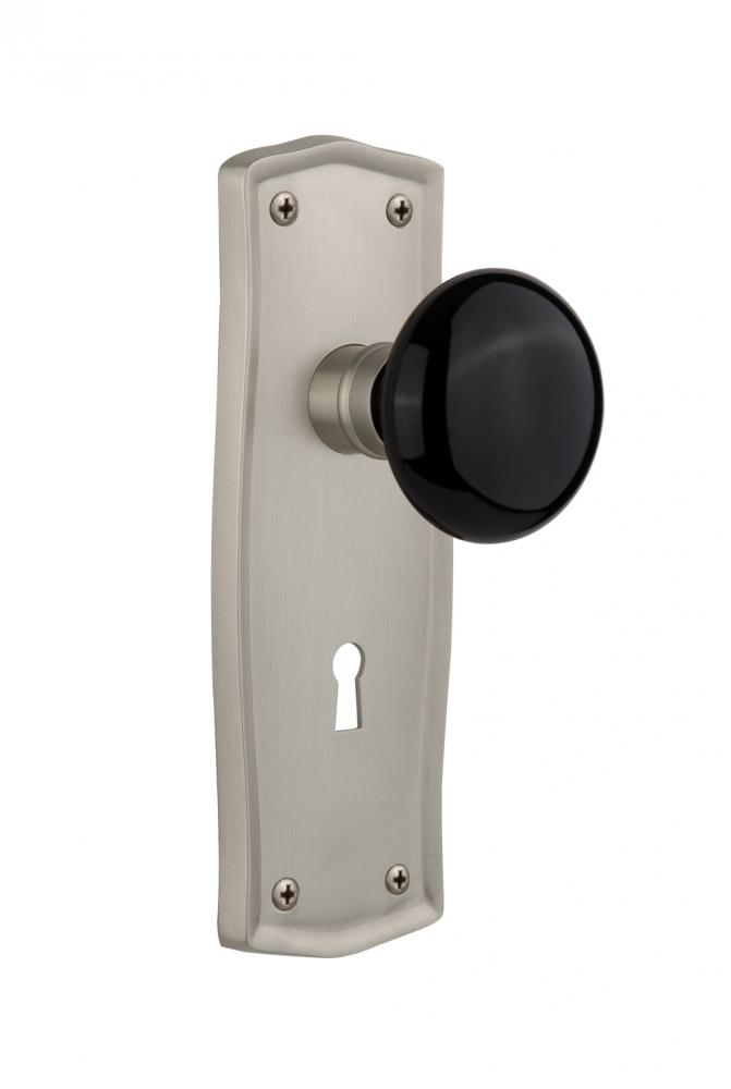 Nostalgic Warehouse Prairie Plate with Keyhole Privacy Black Porcelain Door Knob in Satin Nickel