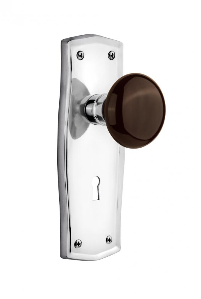 Nostalgic Warehouse Prairie Plate with Keyhole Privacy Brown Porcelain Door Knob in Bright Chrome