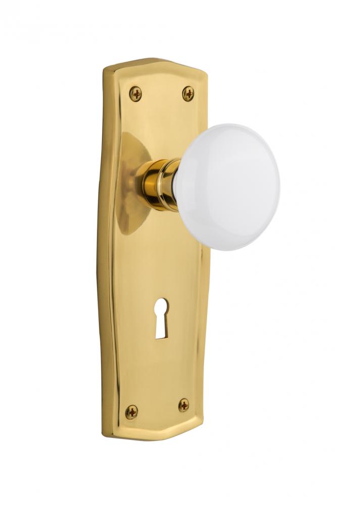 Nostalgic Warehouse Prairie Plate with Keyhole Privacy White Porcelain Door Knob in Polished Brass