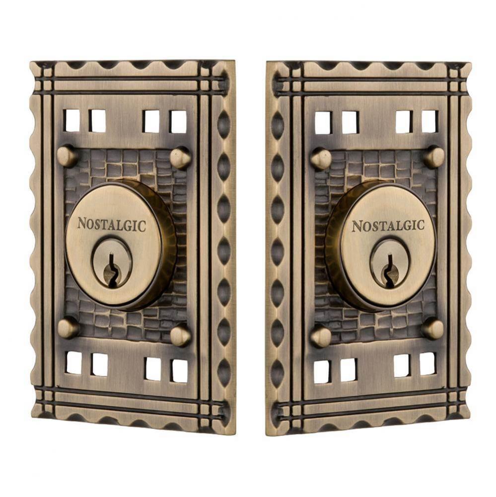 Nostalgic Warehouse Craftsman Plate Double Cylinder Deadbolt in Antique Brass