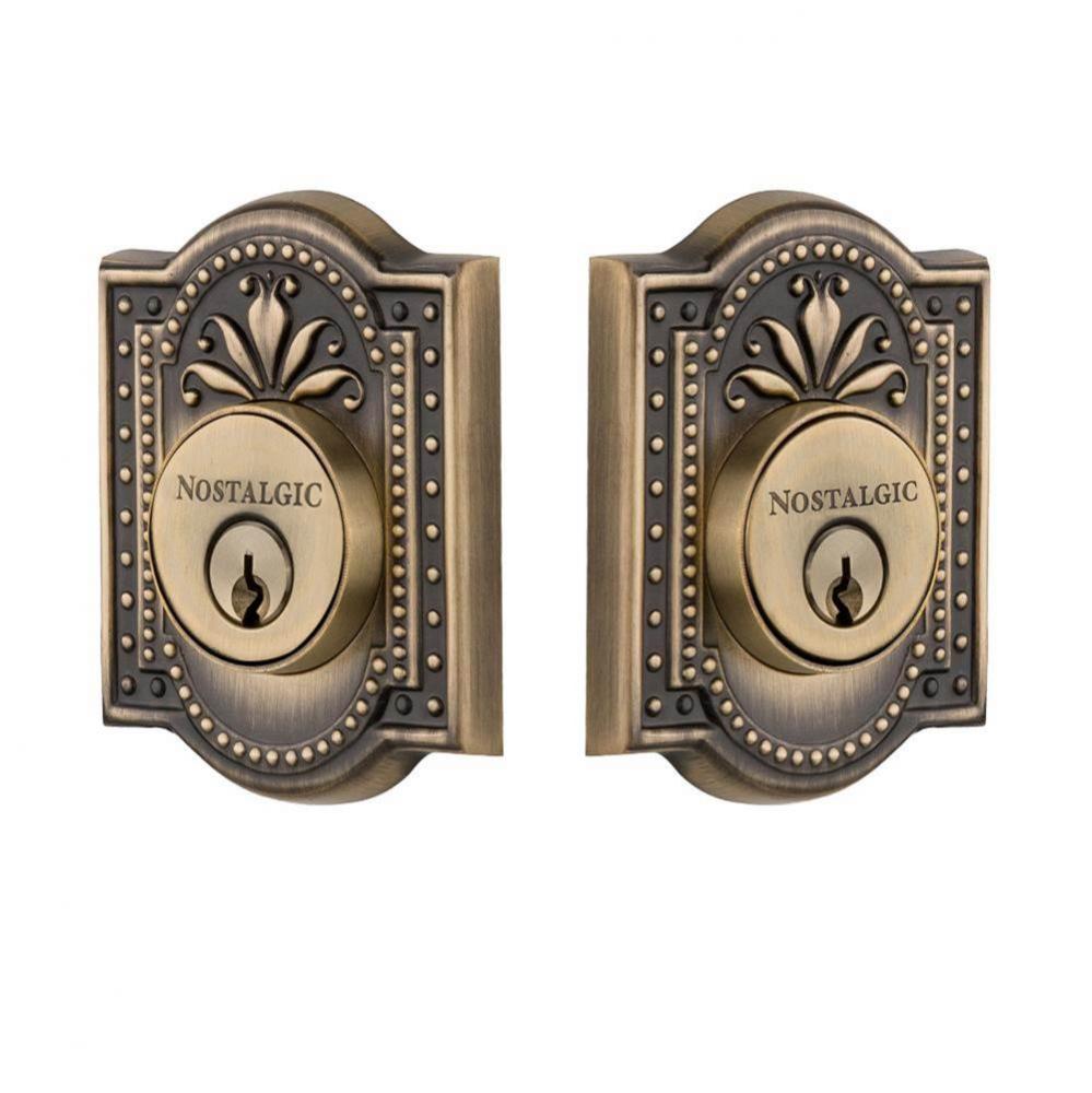 Nostalgic Warehouse Meadows Plate Double Cylinder Deadbolt in Antique Brass