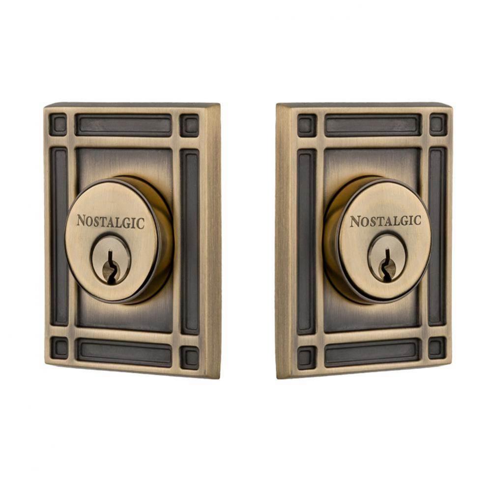 Nostalgic Warehouse Mission Plate Double Cylinder Deadbolt in Antique Brass