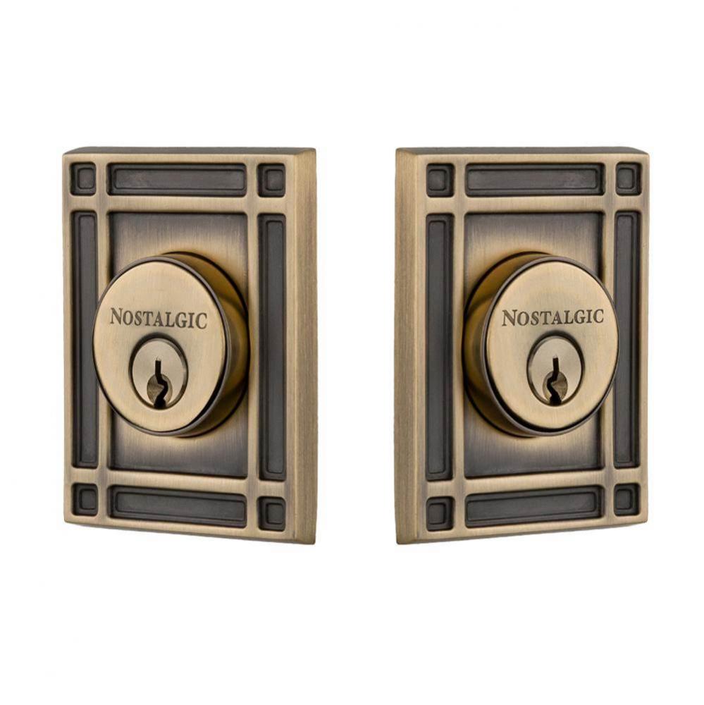 Nostalgic Warehouse Mission Plate Double Cylinder Deadbolt in Antique Brass