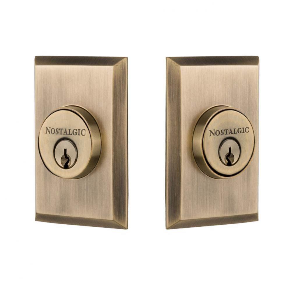 Nostalgic Warehouse New York Plate Double Cylinder Deadbolt in Antique Brass