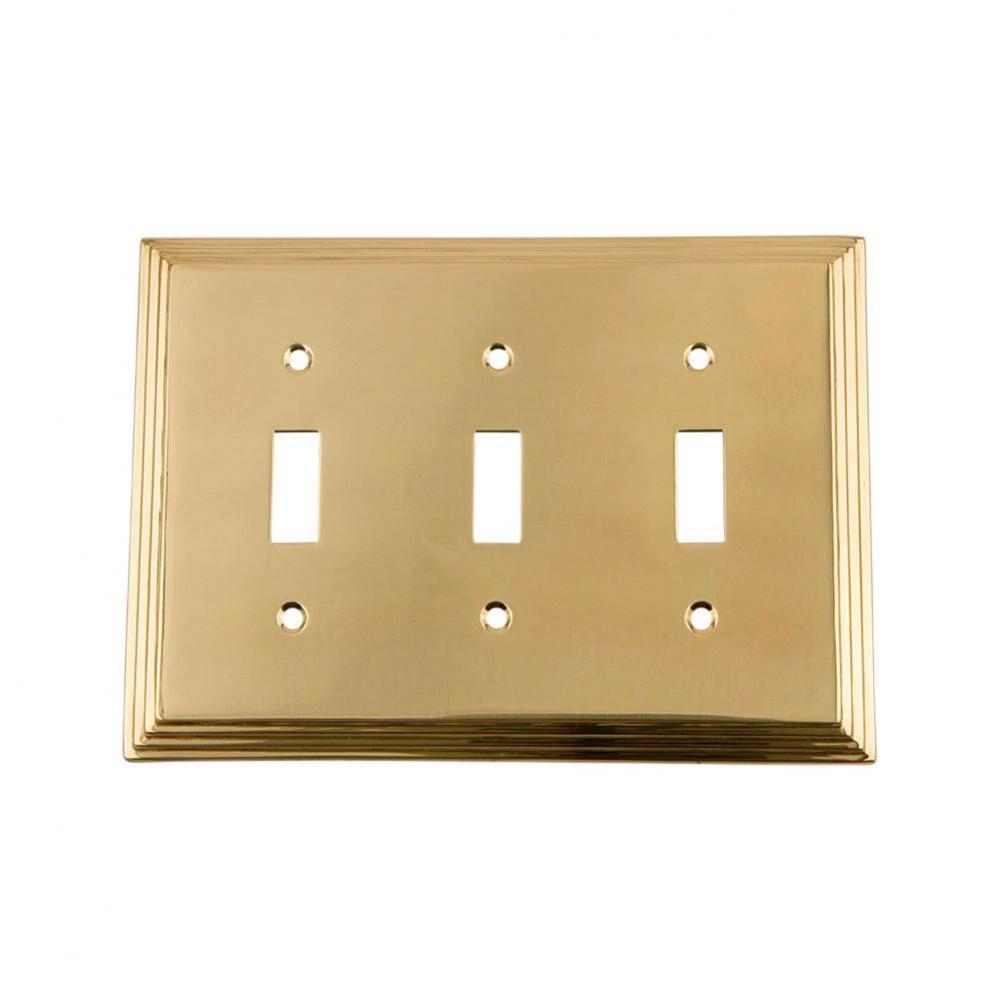 Nostalgic Warehouse Deco Switch Plate with Triple Toggle in Unlacquered Brass