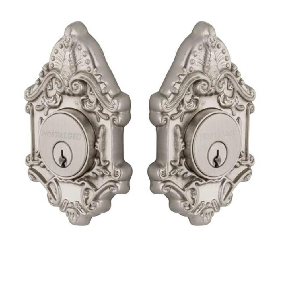 Nostalgic Warehouse Victorian Plate Double Cylinder Deadbolt in Satin Nickel