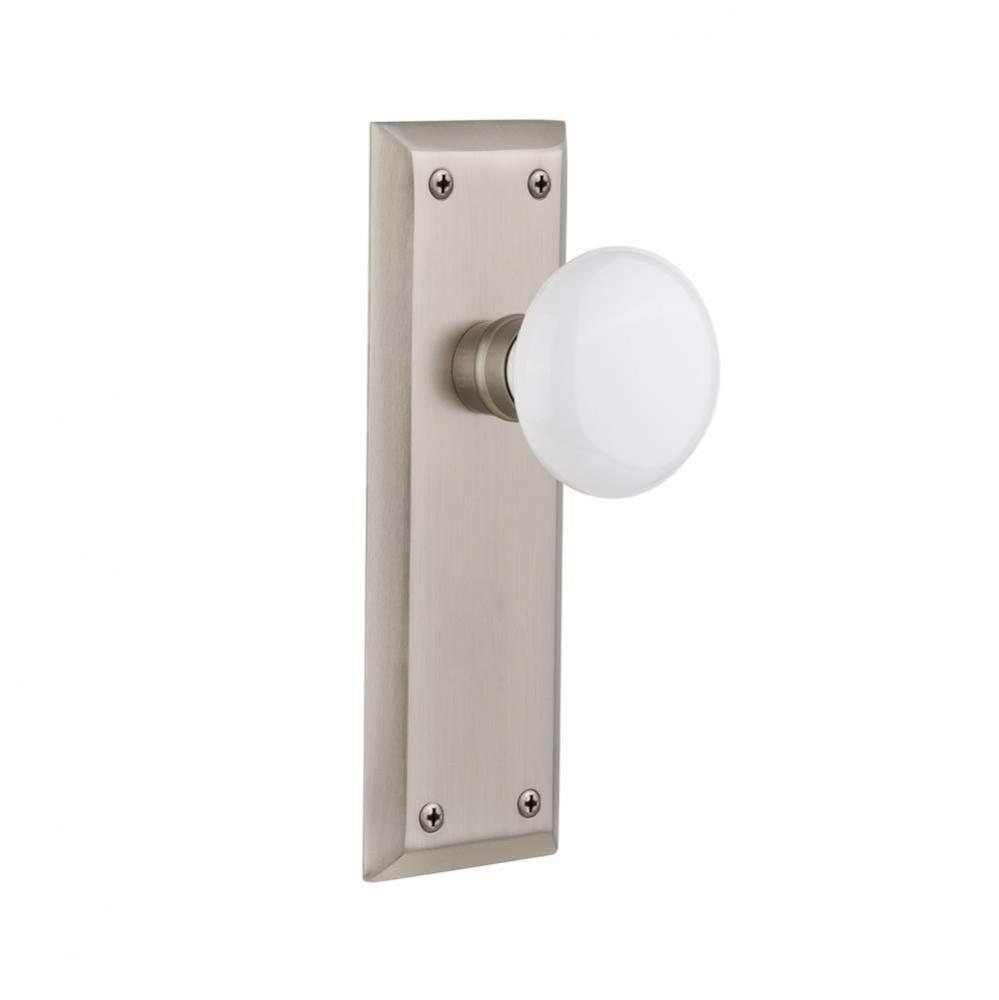 Nostalgic Warehouse New York Plate Privacy White Porcelain Door Knob in Satin Nickel