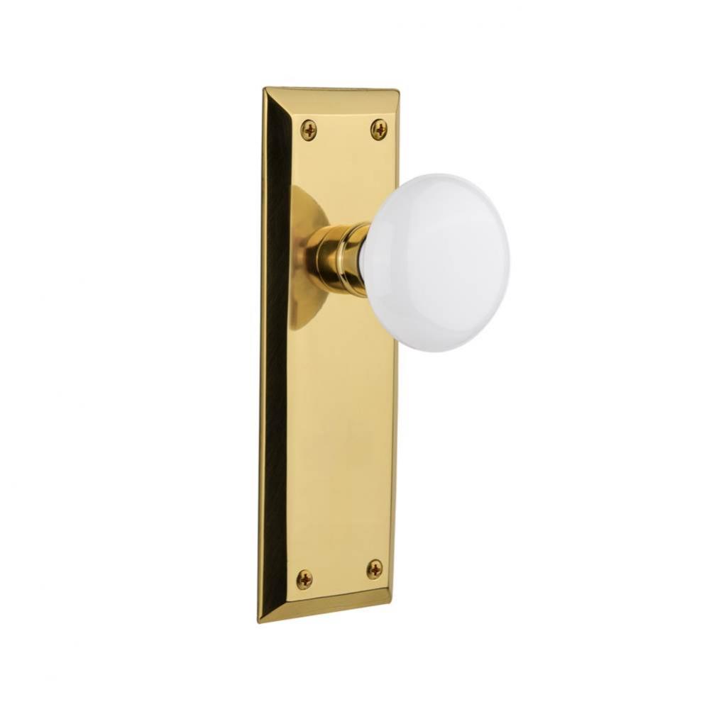 Nostalgic Warehouse New York Plate Single Dummy White Porcelain Door Knob in Polished Brass