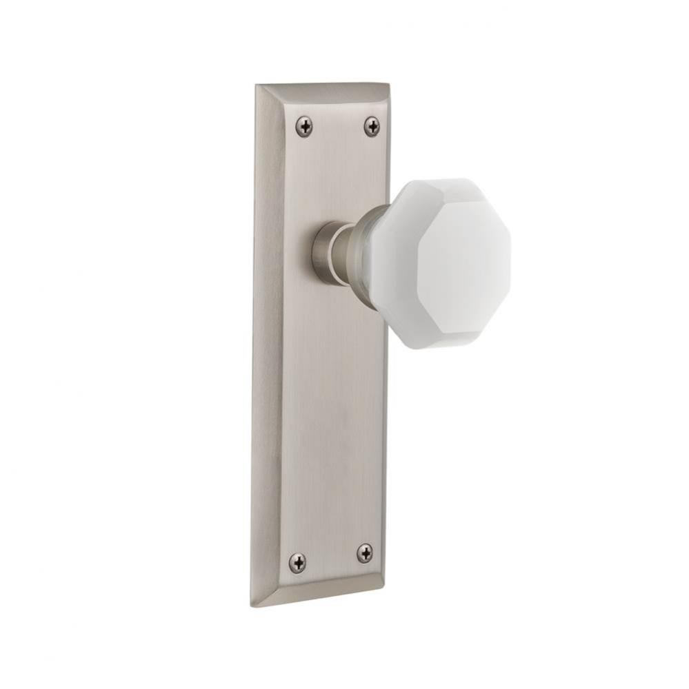 Nostalgic Warehouse New York Plate Privacy Waldorf White Milk Glass Knob in Satin Nickel