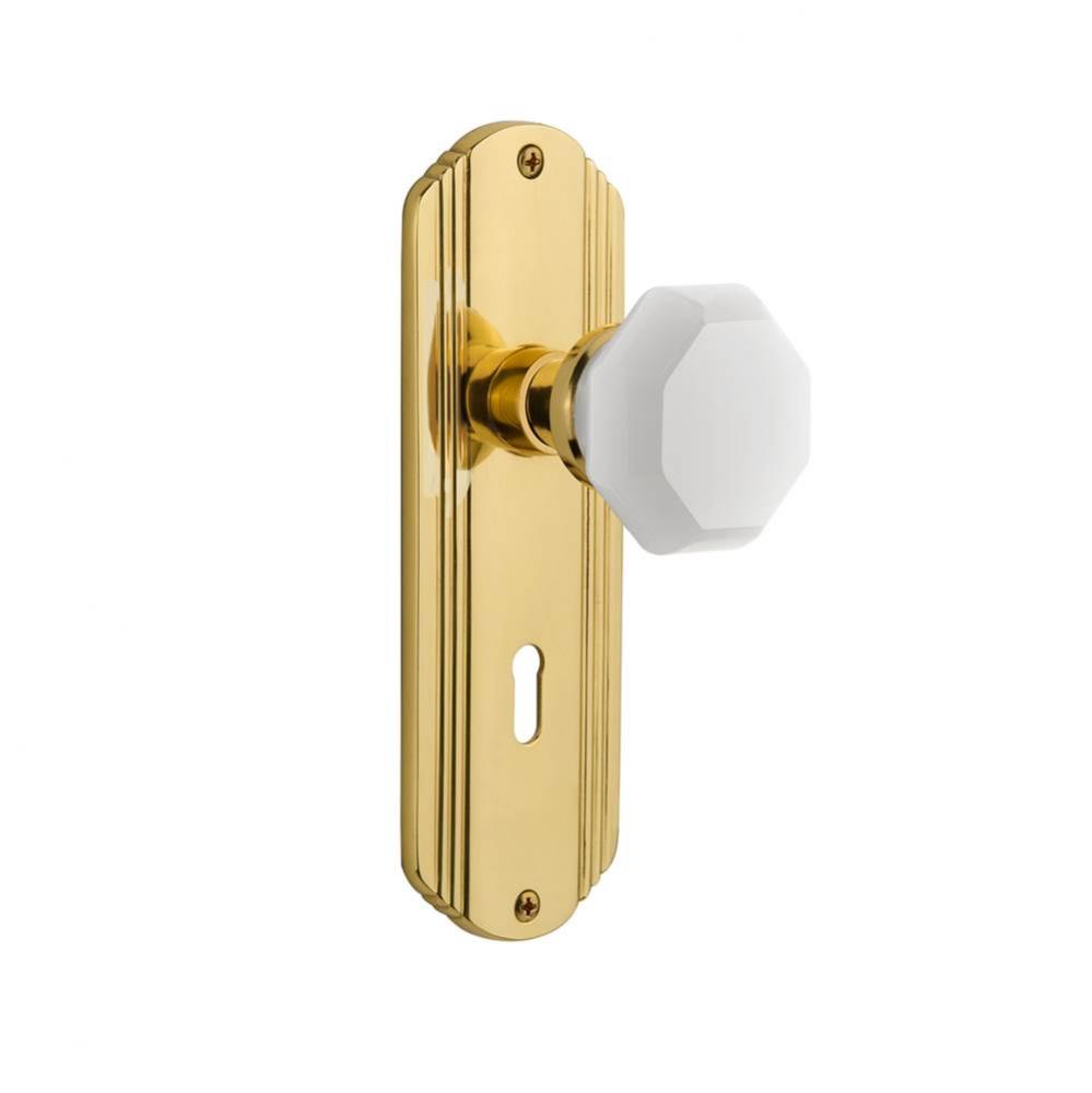 Nostalgic Warehouse Deco Plate Interior Mortise Waldorf White Milk Glass Knob in Unlacquered Brass