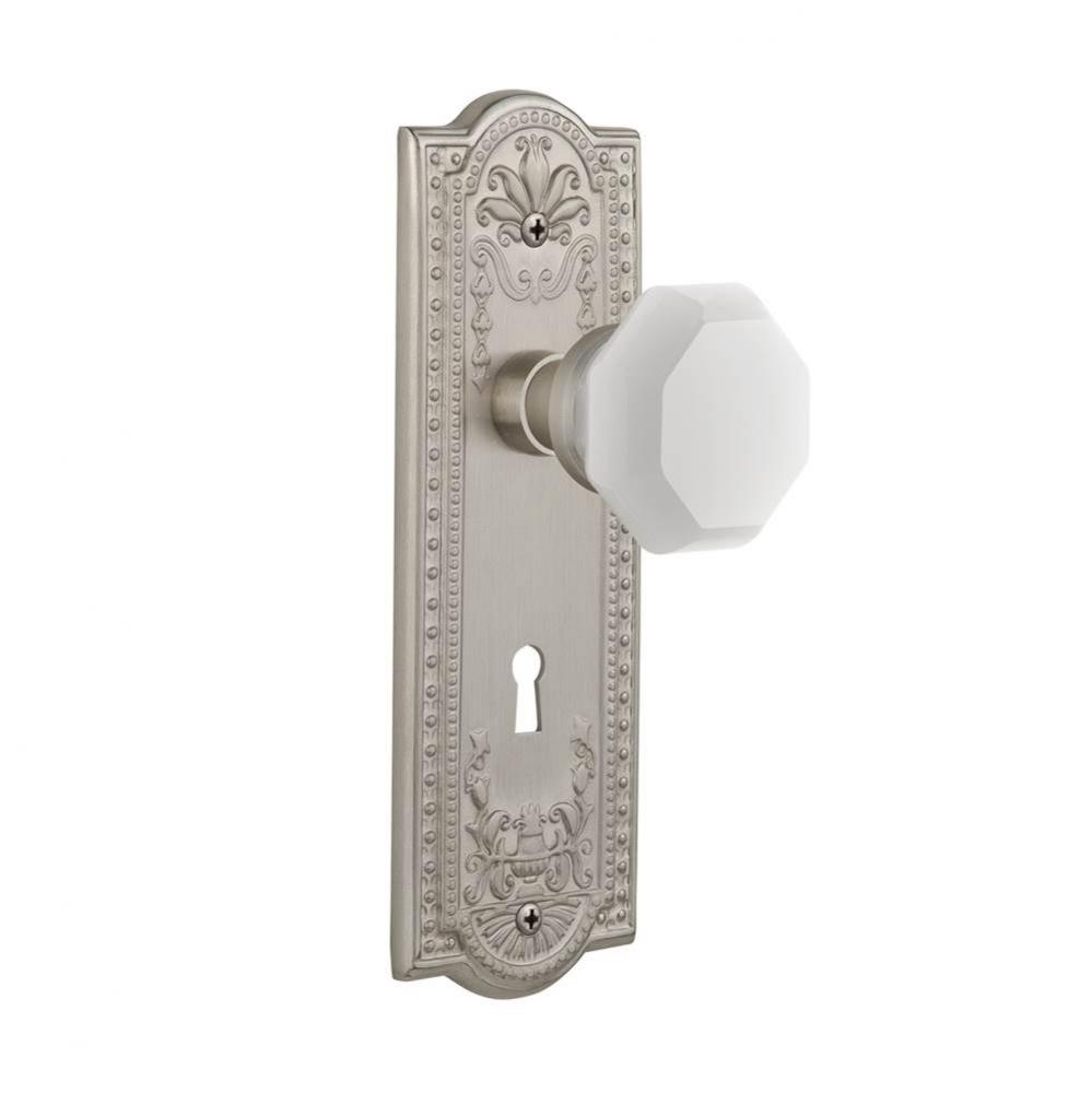 Nostalgic Warehouse Meadows Plate Interior Mortise Waldorf White Milk Glass Knob in Satin Nickel