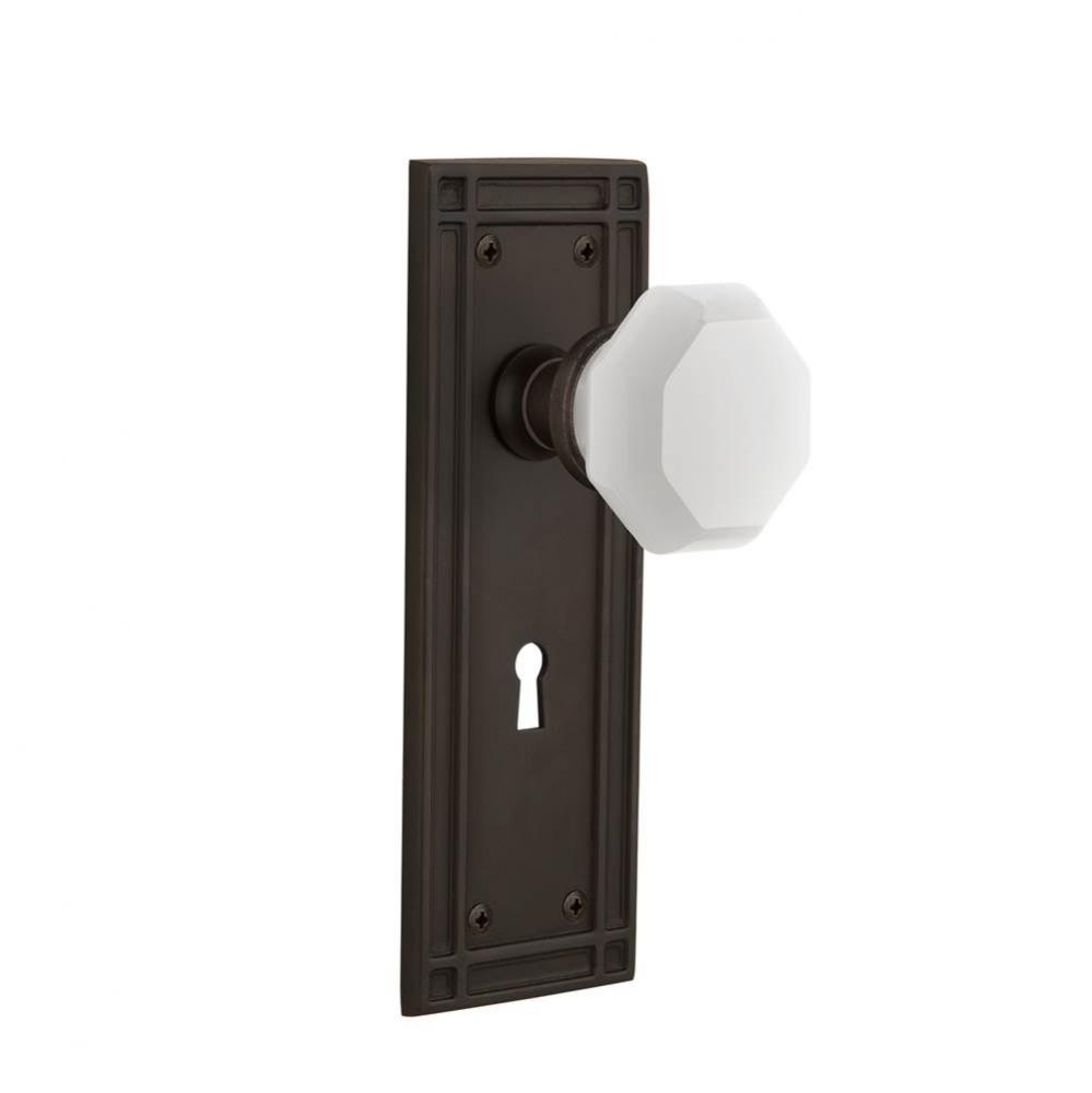 Nostalgic Warehouse Mission Plate Interior Mortise Waldorf White Milk Glass Knob in Oil-Rubbed Bro