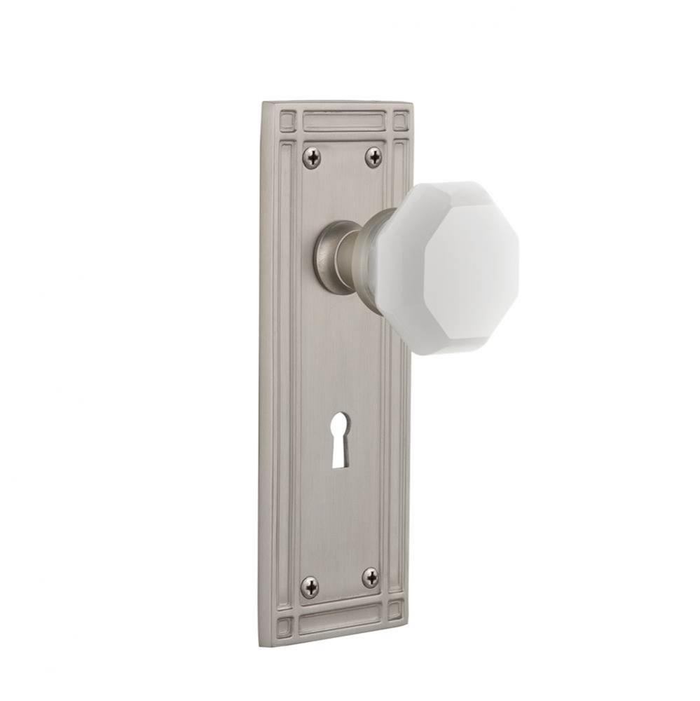 Nostalgic Warehouse Mission Plate Interior Mortise Waldorf White Milk Glass Knob in Satin Nickel