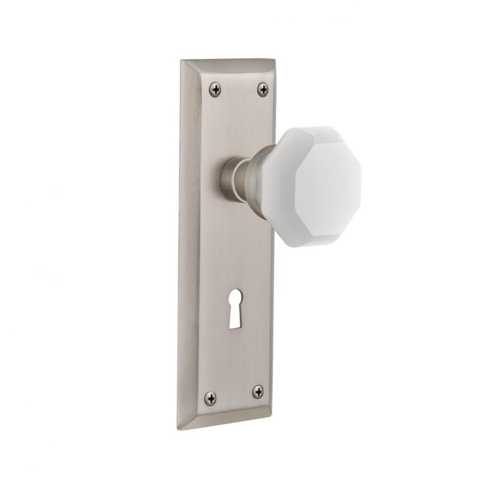 Nostalgic Warehouse New York Plate Interior Mortise Waldorf White Milk Glass Knob in Satin Nickel