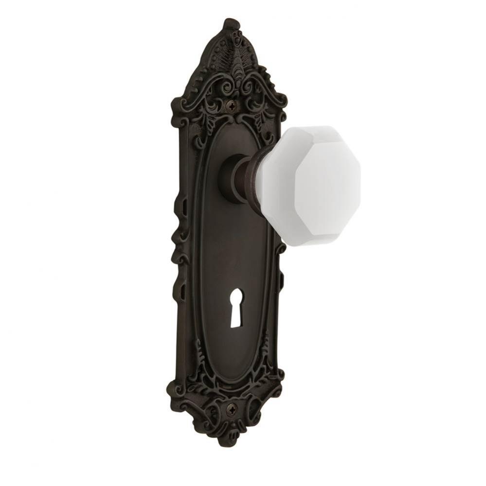 Nostalgic Warehouse Victorian Plate Interior Mortise Waldorf White Milk Glass Knob in Oil-Rubbed B