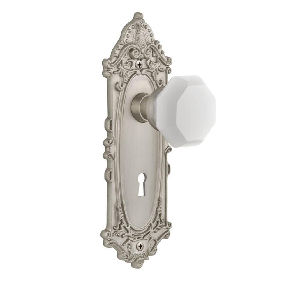 Nostalgic Warehouse Victorian Plate Interior Mortise Waldorf White Milk Glass Knob in Satin Nickel