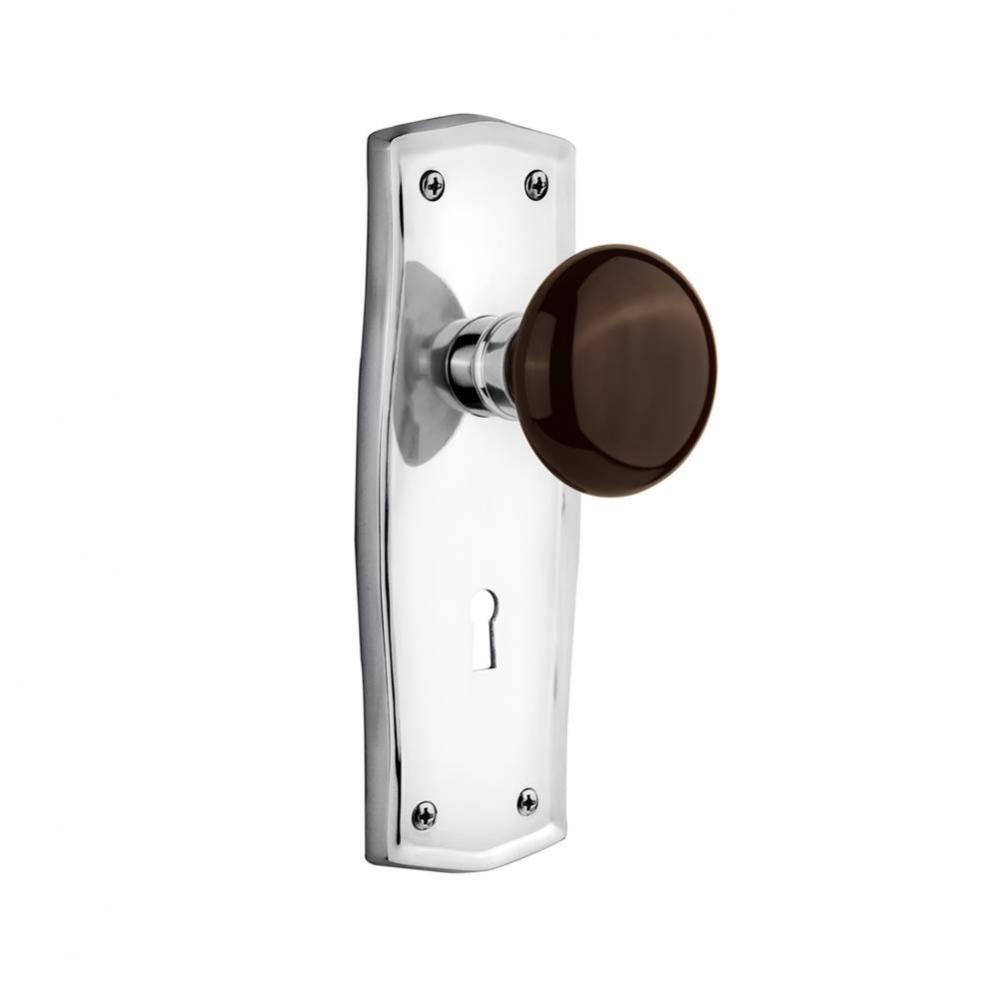 Nostalgic Warehouse Deco Plate with Keyhole Privacy Brown Porcelain Door Knob in Bright Chrome