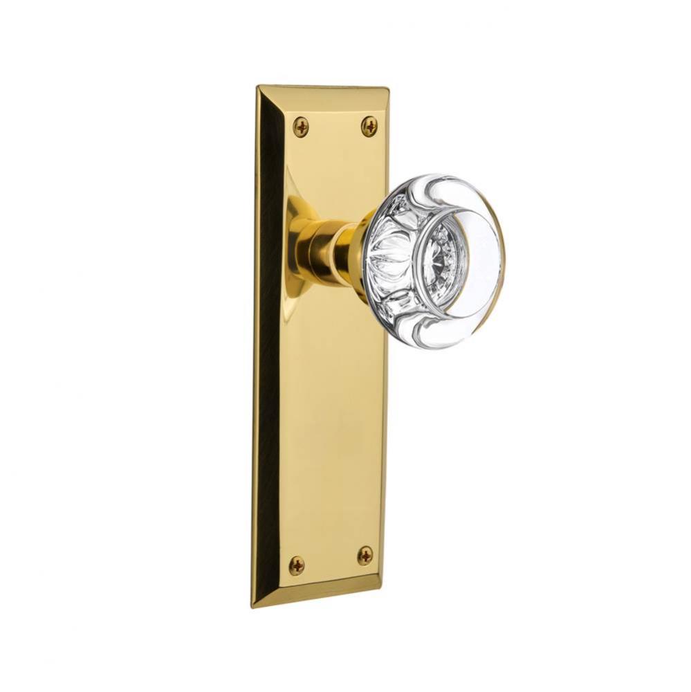 Nostalgic Warehouse New York Plate Passage Round Clear Crystal Glass Door Knob in Polished Brass