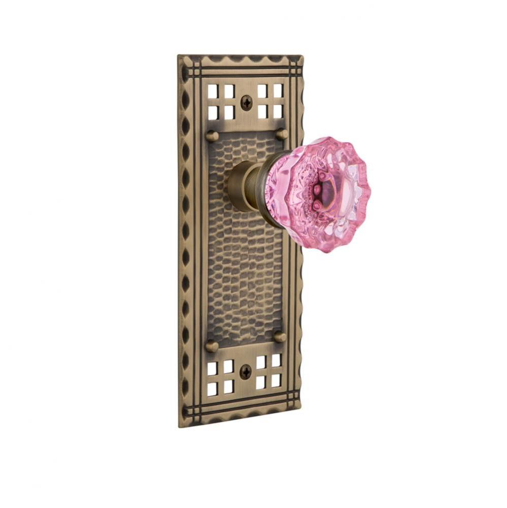 Nostalgic Warehouse Craftsman Plate Passage Crystal Pink Glass Door Knob in Antique Brass