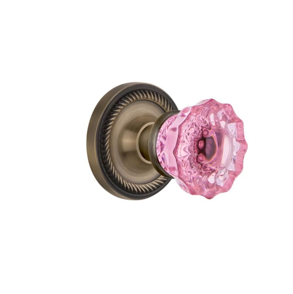 Nostalgic Warehouse Rope Rosette Passage Crystal Pink Glass Door Knob in Antique Brass