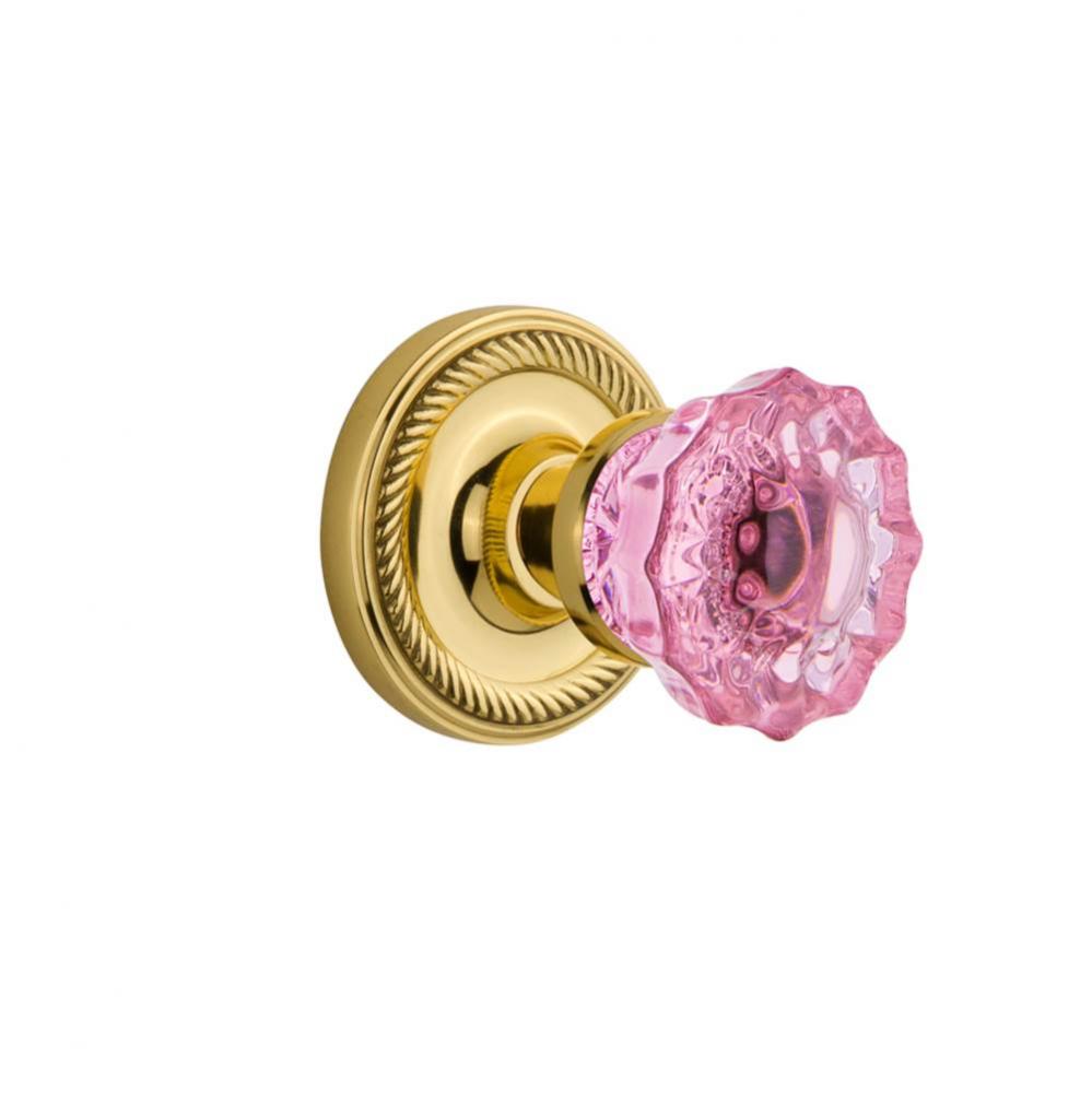 Nostalgic Warehouse Rope Rosette Passage Crystal Pink Glass Door Knob in Unlaquered Brass