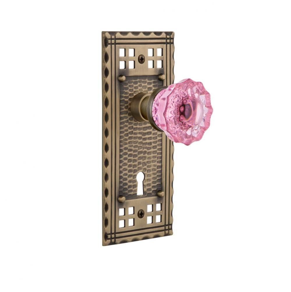 Nostalgic Warehouse Craftsman Plate with Keyhole Passage Crystal Pink Glass Door Knob in Antique B