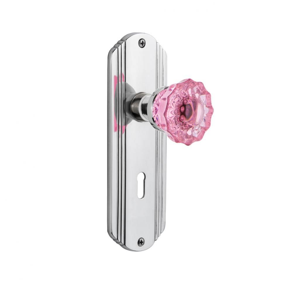 Nostalgic Warehouse Deco Plate with Keyhole Passage Crystal Pink Glass Door Knob in Bright Chrome