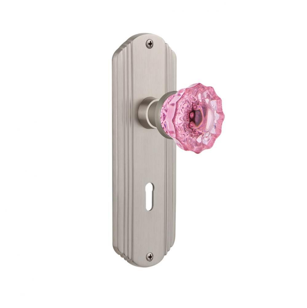 Nostalgic Warehouse Deco Plate with Keyhole Passage Crystal Pink Glass Door Knob in Satin Nickel