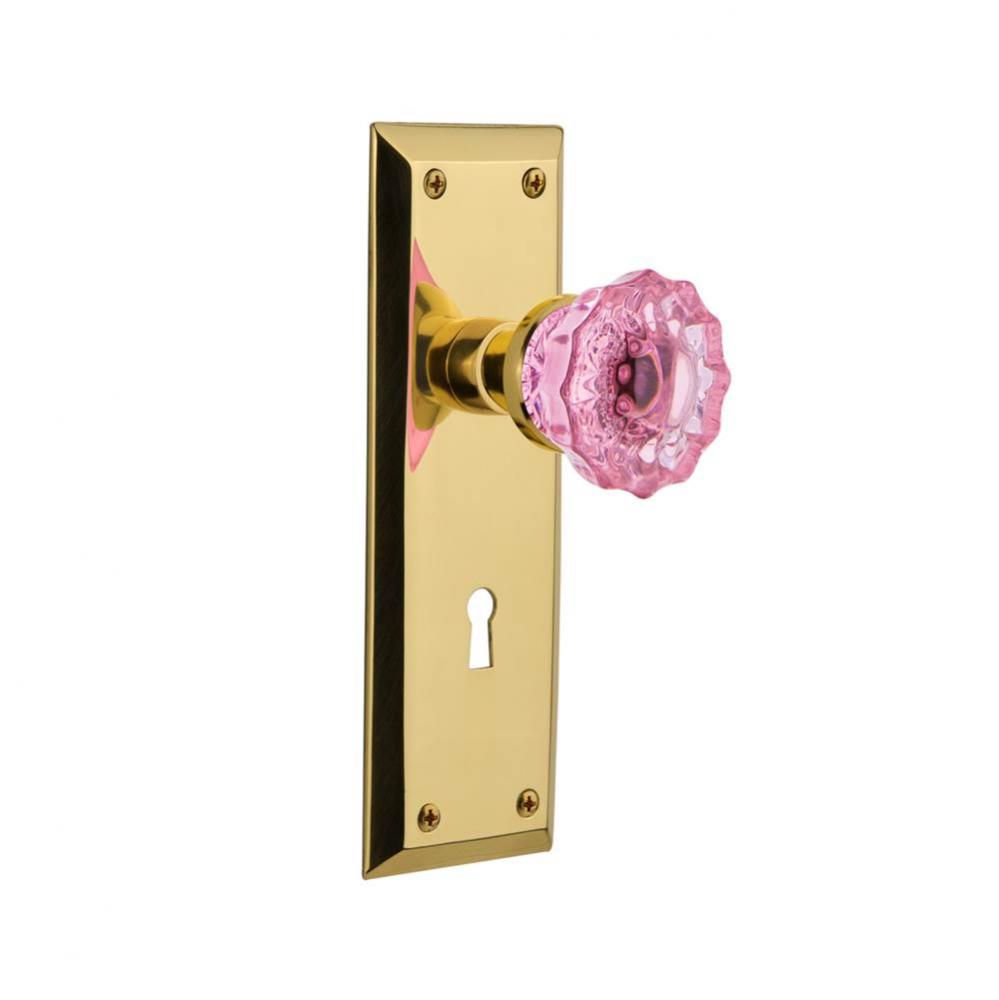 Nostalgic Warehouse New York Plate with Keyhole Passage Crystal Pink Glass Door Knob in Polished B